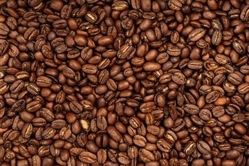 Background coffee beans. Pattern of brown roasted coffee bean beans