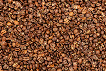Background coffee beans. Pattern of brown roasted coffee bean beans