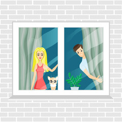 Illustration with a young couple and a cat in the window.