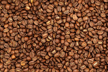 Background coffee beans. Pattern of brown roasted coffee bean beans