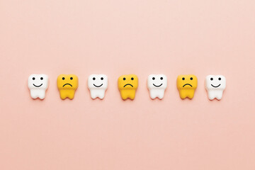 Teeth whitening, enamel. Cleanliness and hygiene of oral cavity for children. Cartoon anatomy on pink background.