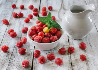Raspberries on a wooden table