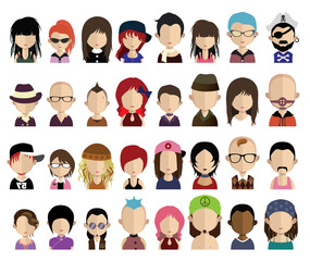 Set of people icons in flat style with faces. Vector women, men with color background