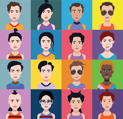 Set of people icons in flat style with faces. Vector women, men with color background