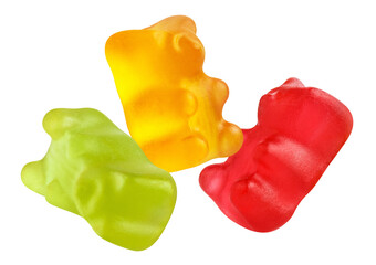 Delicious jelly gummy bears close-up, isolated on white background
