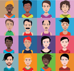 Set of people icons in flat style with faces. Vector women, men with color background