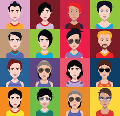 Set of people icons in flat style with faces. Vector women, men with color background