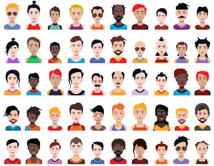 Set of people icons in flat style with faces. Vector women, men with color background