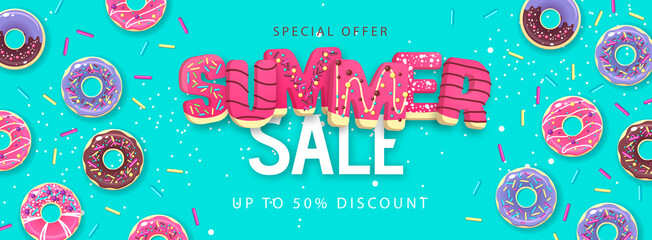 Colorful summer big sale poster with sweet donuts. Summertime background. Junk food background. Typography design