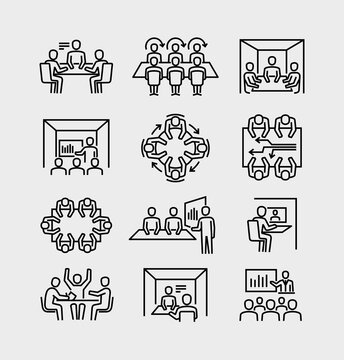 Business Meeting Room Vector Line Icons Set