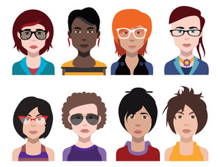 Set of people icons in flat style with faces. Vector women, men with color background