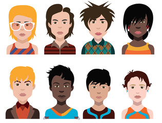 Set of people icons in flat style with faces. Vector women, men with color background