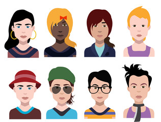 Set of people icons in flat style with faces. Vector women, men with color background