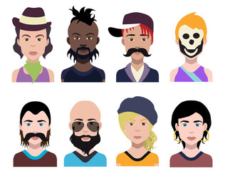 Set of people icons in flat style with faces. Vector women, men with color background