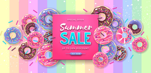 Colorful summer big sale poster with sweet donuts on rainbow background. Summertime background. Junk food background. Typography design