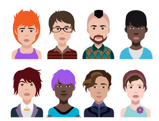 Set of people icons in flat style with faces. Vector women, men with color background