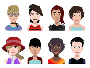 Set of people icons in flat style with faces. Vector women, men with color background