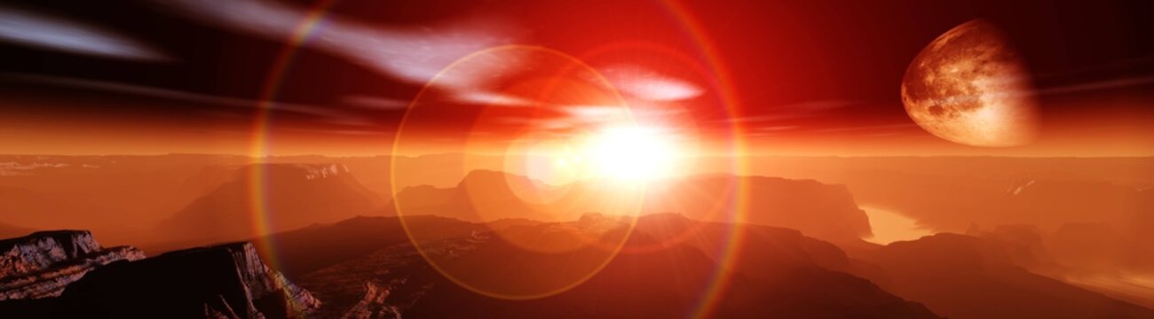 alien landscape, a panorama of a surface of another planet at sunrise, 3d rendering