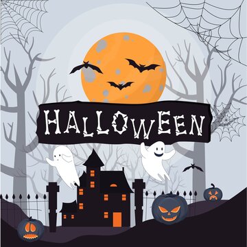 Scary Halloween background with mistery old house, trees, moonlight and pumpkins with horor faces stock vector illustration