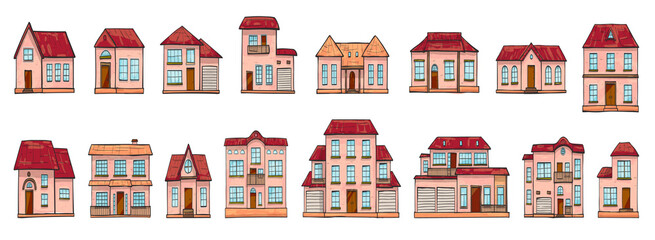 Set of vector different houses, cartoon scribble style.