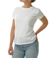 Woman in t-shirt on white background, closeup. Space for design