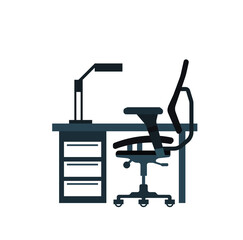 Office desk, office chair and computer, vector isolated on white