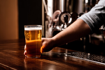 Fototapeta na wymiar Craft beer for regular client. Bartender gives glass of light lager in interior of pub