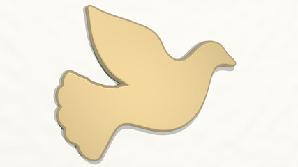 pigeon on the wall. 3D illustration of metallic sculpture over a white background with mild texture. bird and dove