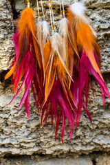 Handmade dream catcher with feathers threads and beads rope hanging