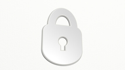 lock from a perspective on the wall. A thick sculpture made of metallic materials of 3D rendering. illustration and background