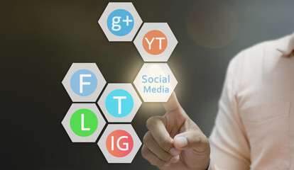 Business man touch button connect social media network