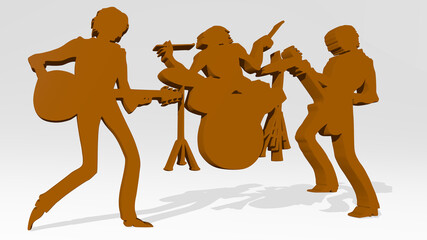 ROCK BAND PLAYING WITH GUITAR AND DRUMS stand with shadow. 3D illustration of metallic sculpture over a white background with mild texture. landscape and beautiful