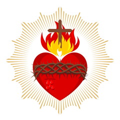 Sacred Heart of Jesus Christ, Lord and Savior of the world. Cross in the flame of the Holy Spirit, crown of thorns and holy blood.