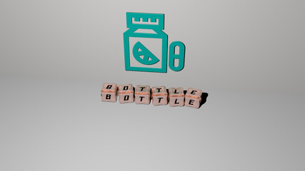 Obraz premium 3D illustration of BOTTLE graphics and text made by metallic dice letters for the related meanings of the concept and presentations. background and glass