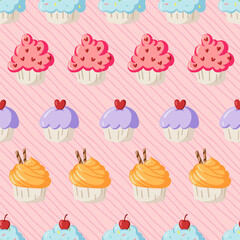 Vector colourful Pastel Cupcakes Hand drawn seamless pattern