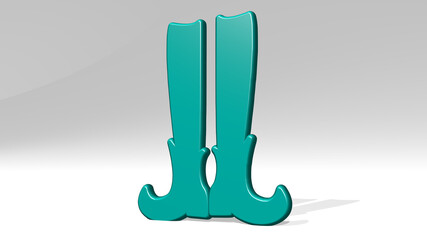 WIZARD BOOTS from a perspective with the shadow. A thick sculpture made of metallic materials of 3D rendering. illustration and magic
