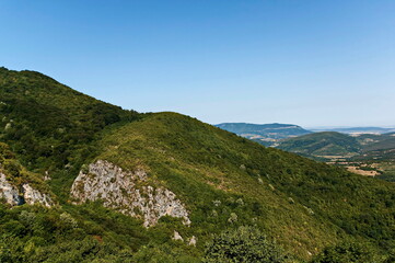 Fototapeta na wymiar Panorama with hills and an old green forest in the Balkan Mountains near the town Teteven , Bulgaria 
