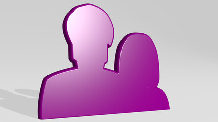 man and woman profile made by 3D illustration of a shiny metallic sculpture with the shadow on light background. beautiful and young