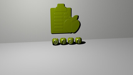 3D representation of DIET with icon on the wall and text arranged by metallic cubic letters on a mirror floor for concept meaning and slideshow presentation. background and food