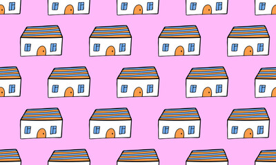 Small hand drawn house, doodle illustration. Seamless pattern with simple building on pink background