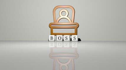 3D graphical image of BOSS vertically along with text built by metallic cubic letters from the top perspective, excellent for the concept presentation and slideshows. business and businessman