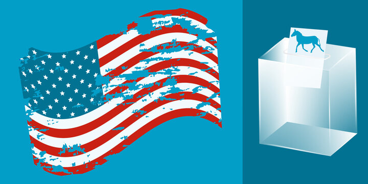 Usa flag in grunge style, ballot box, ballot with symbol of democrats - donkey - vector. Presidential election in the United States of America. Banner.