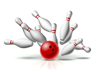 Red Bowling Ball crashing into the pins. Illustration of bowling strike isolated on white background. - 364730374