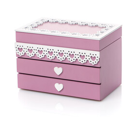 Wooden jewelry box isolated on white background.