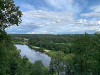 Fototapeta na wymiar Neris river and forest. View from the observation area at Verkiai regional Park ( Verkiu parkas). Vilnius, Lithuania