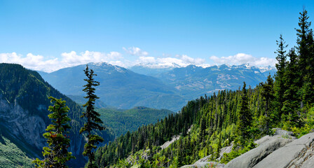 Beautiful mountain summer landscape. Valley surrounded by mountains with coniferous forest.  Garibaldi provincial park near Whistler, BC, Canada.