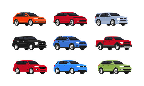 Car suv collection isolated on white background. Auto side view. Set of of different models of cars. City vehicles transport. Vector illustrayion in flat style. Red, blue, green and yellow automobile.