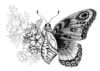 Butterfly tattoo design with flowers. Turning chrysalis into butterfly. Birth of butterfly from cocoon. Butterfly with wing of flowers. Tattoo for forearm, thigh, back. Symbol of transformation