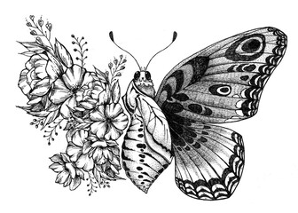 Butterfly tattoo design with flowers. Butterfly birth.