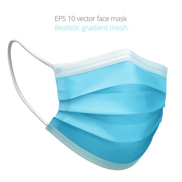 Vector surgical face mask. Textured gradient mesh. Realistic light blue medical mask for self-protection during COVID pandemic. Isolated object is applicable as a layer for overlay to photo portraits.